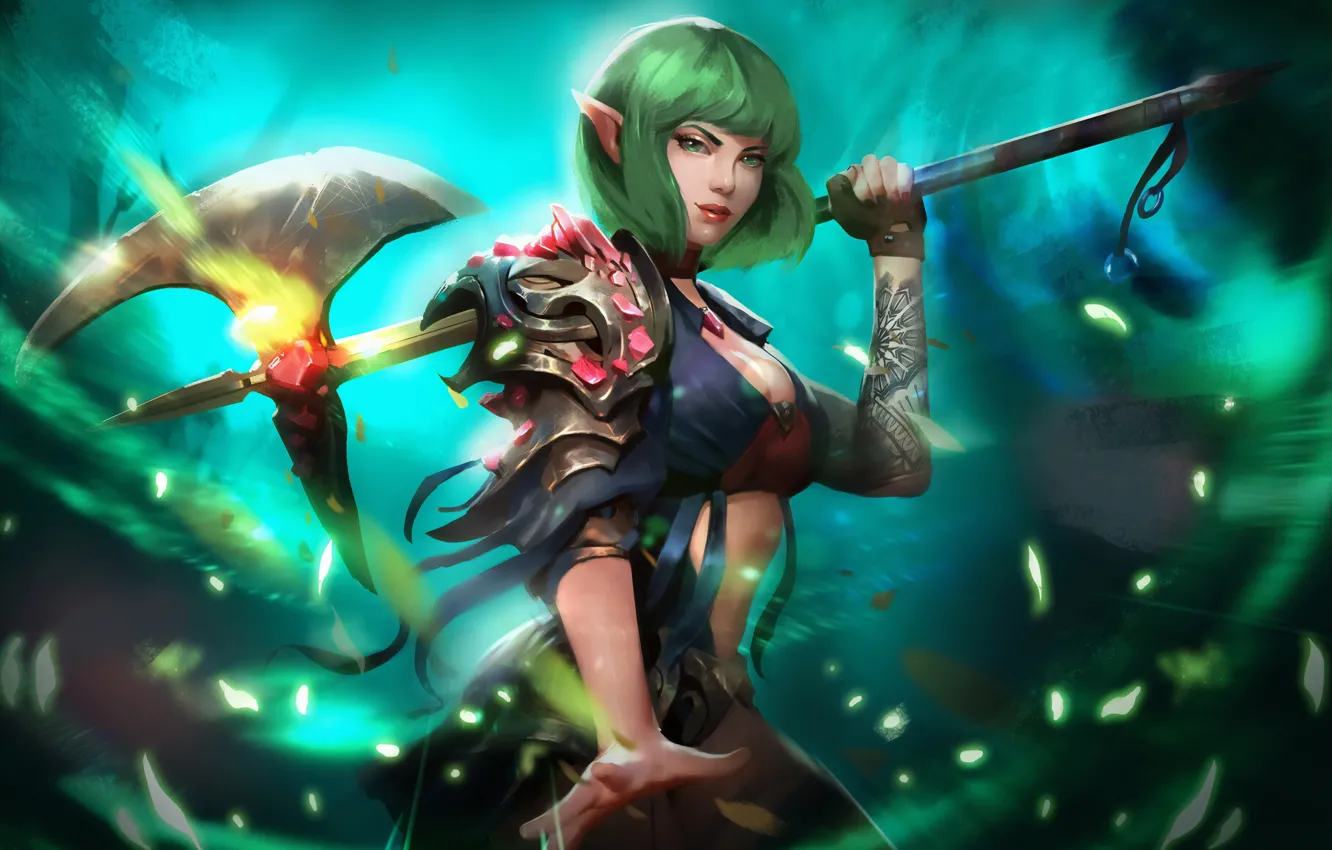 Photo wallpaper look, lights, axe, armor, axe, green hair, armor, look