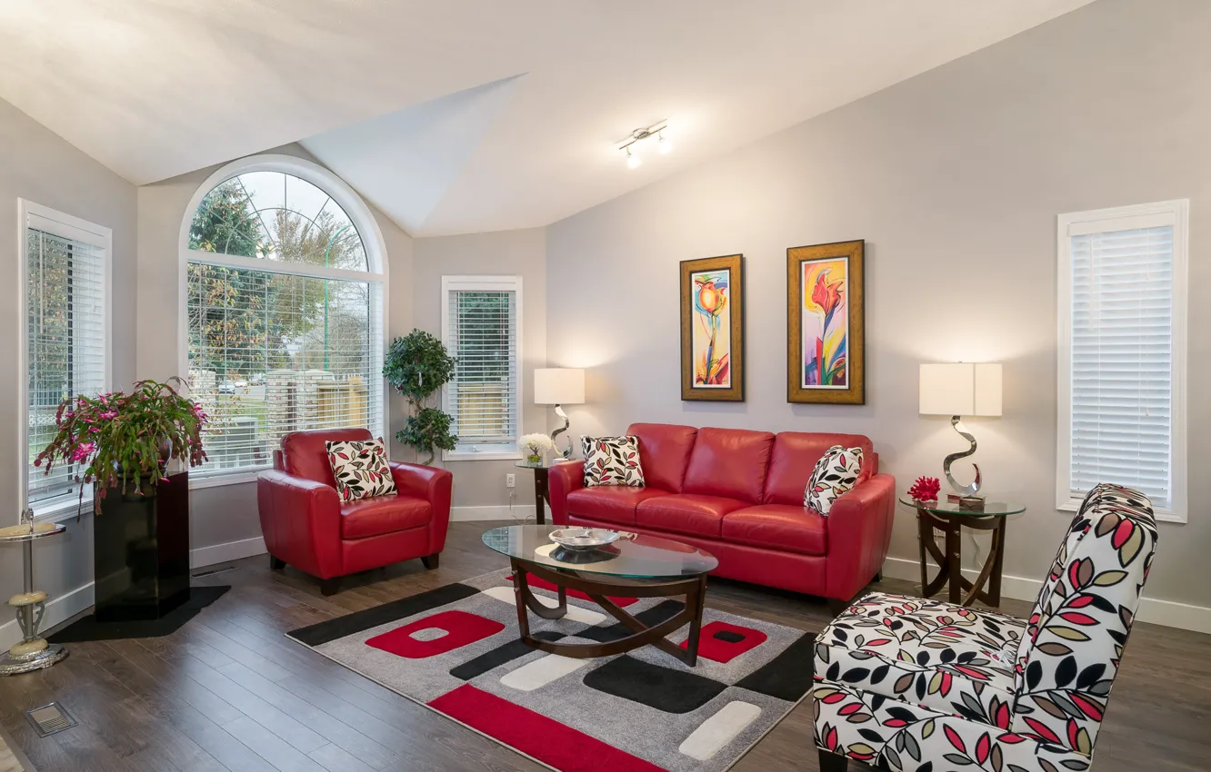 Photo wallpaper style, sofa, carpet, picture, chair, table, pot, living room