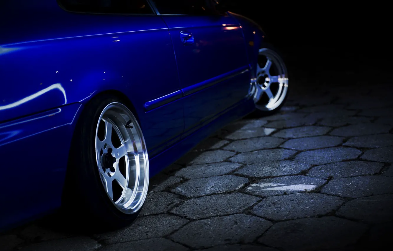 Photo wallpaper Honda, Blue, Civic, Honda Civic, Wheels, Dark Background, Black Background