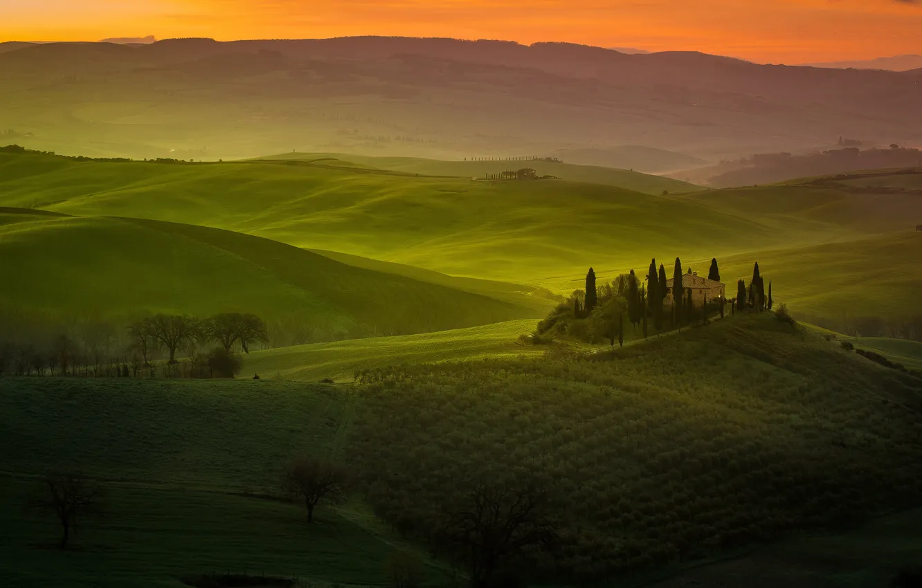 Photo wallpaper field, summer, hills, home, meadow, Italy, haze, Tuscany
