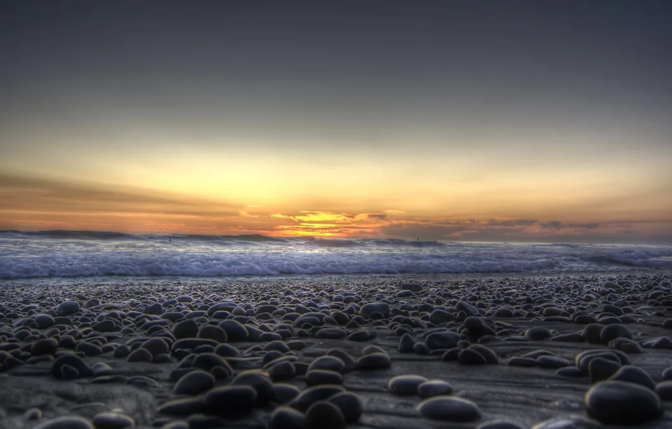 Photo wallpaper sea, wave, sunset, pebbles, stones, shore