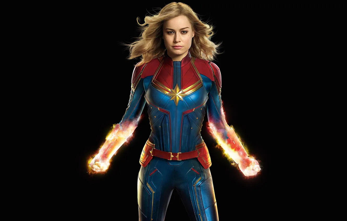 Photo wallpaper girl, fiction, costume, black background, superhero, Marvel, comic, Carol Danvers