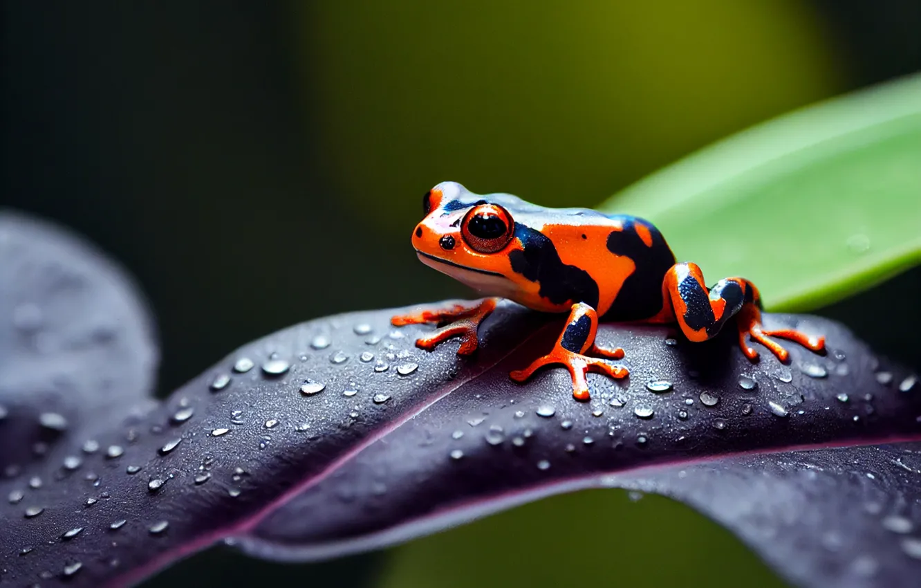 Photo wallpaper leaves, drops, frog