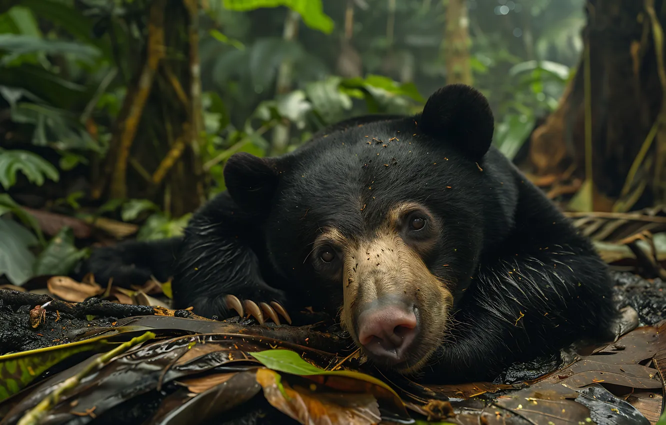 Photo wallpaper Look, Forest, Bear, Face, Predator, Digital art, Black bear, AI art