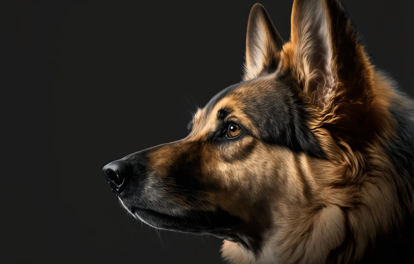 Photo wallpaper look, face, the dark background, graphics, portrait, dog, art, shepherd
