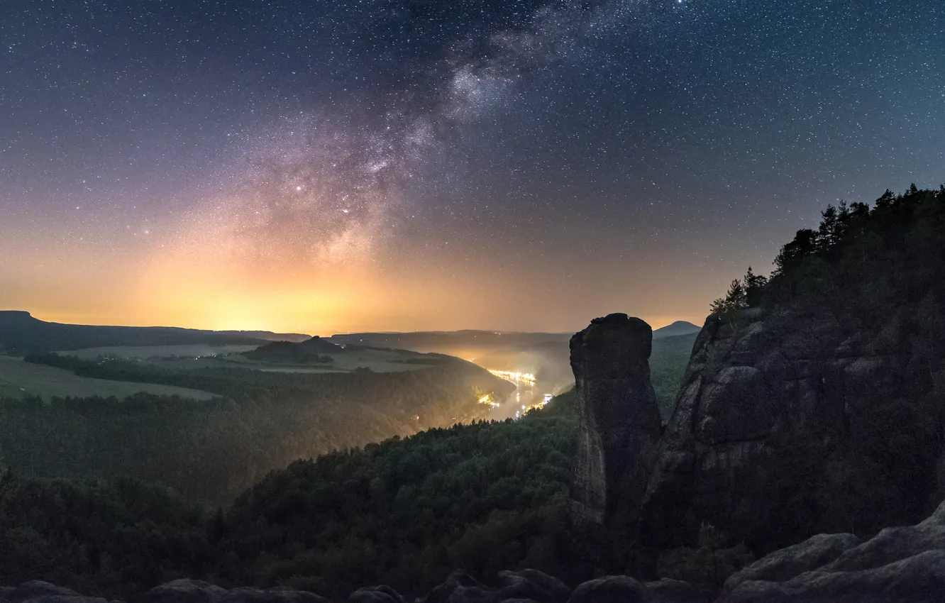 Photo wallpaper mountains, night, dal, haze, the milky way