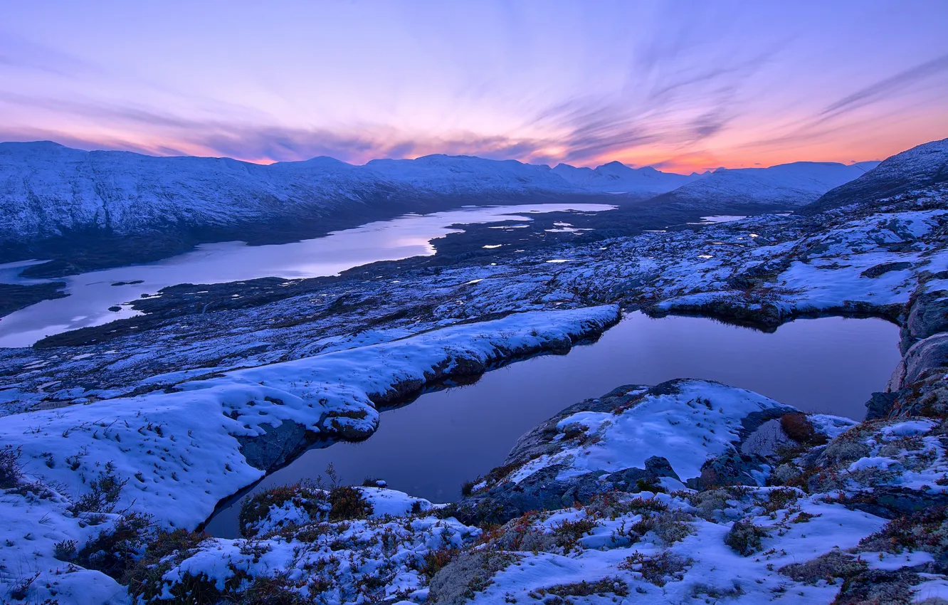 Photo wallpaper snow, sunset, mountains, Norway, Norway