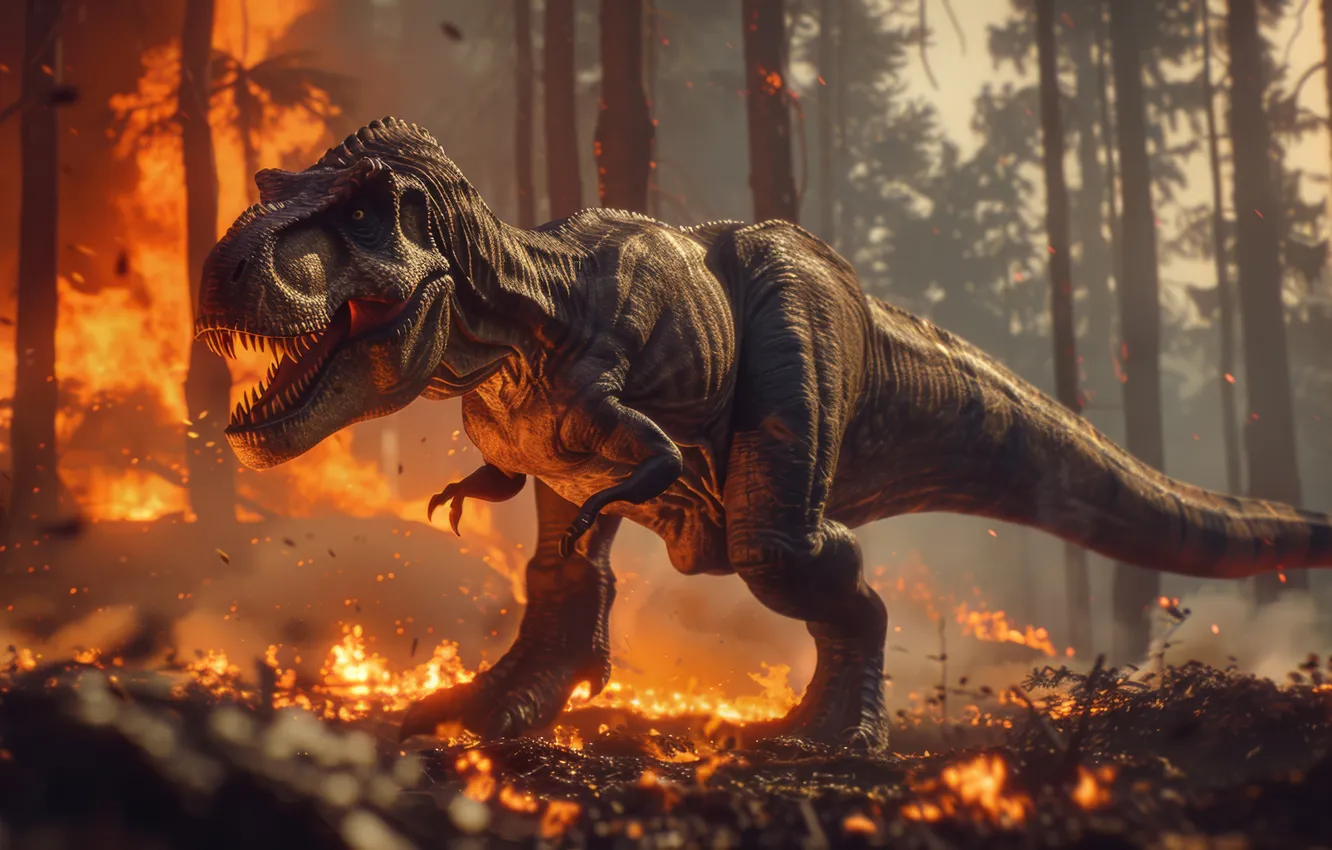 Photo wallpaper Trees, Fire, Fire, Predator, Dinosaur, Animal, Digital art, Tyrannosaurus