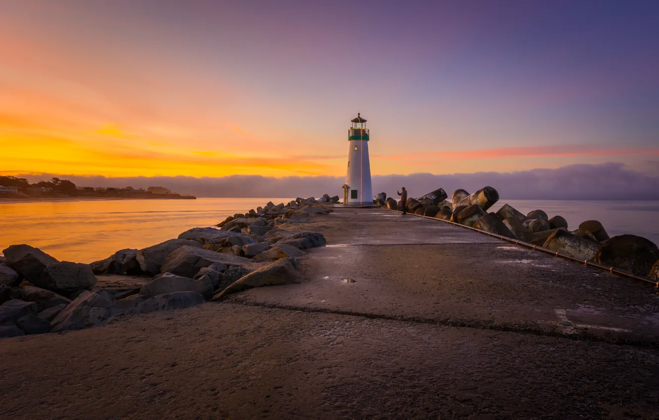 Photo wallpaper road, landscape, nature, stones, the ocean, dawn, lighthouse, CA