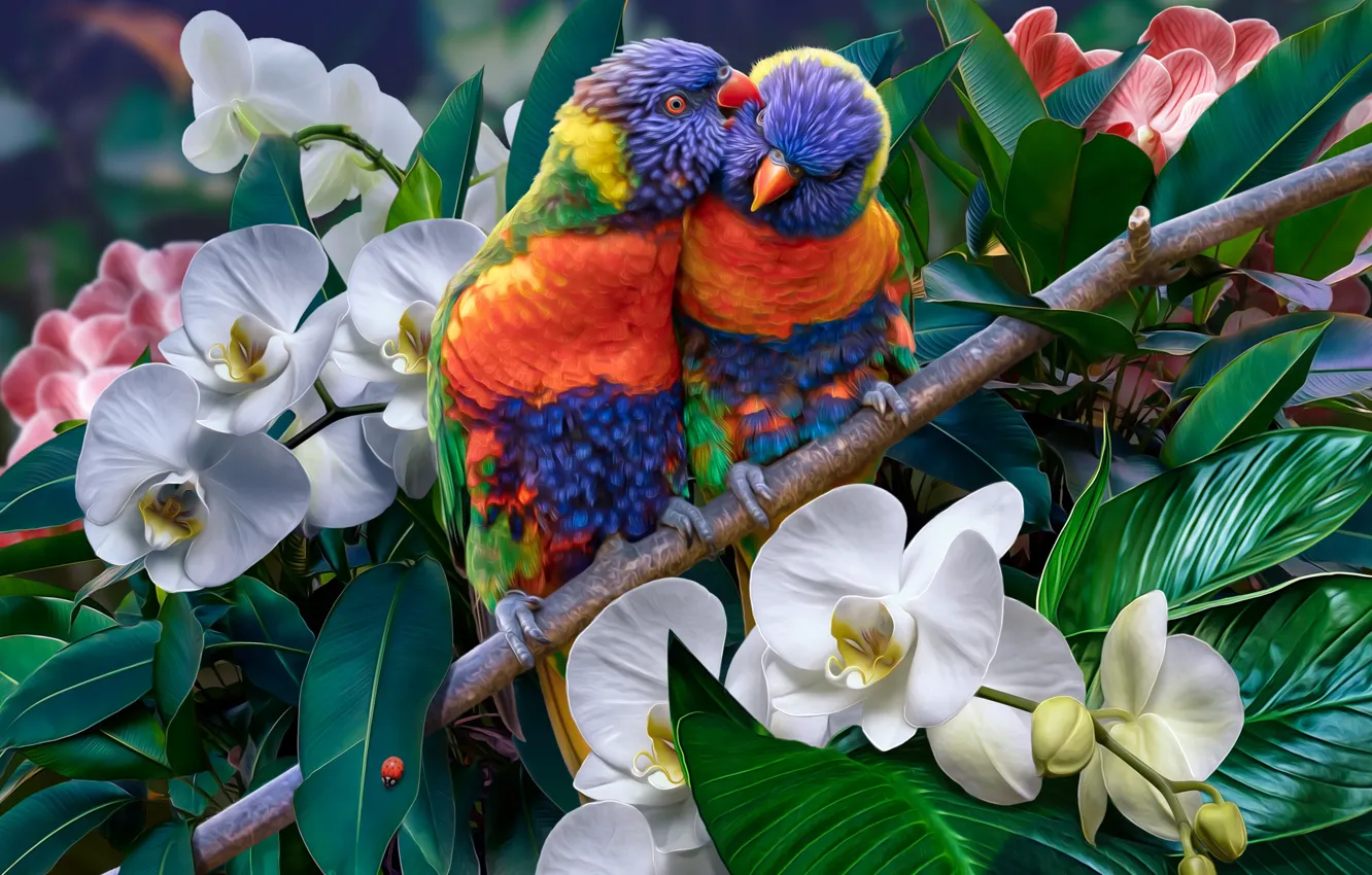 Photo wallpaper flowers, birds, nature, parrot, parrots