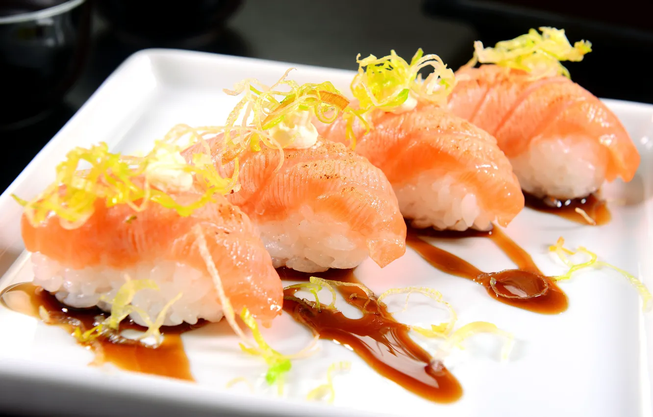 Photo wallpaper fish, sauce, sushi, sushi, seafood, seafoods