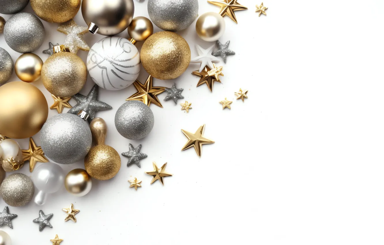 Photo wallpaper stars, balls, decoration, gold, balls, silver, Shine, new year