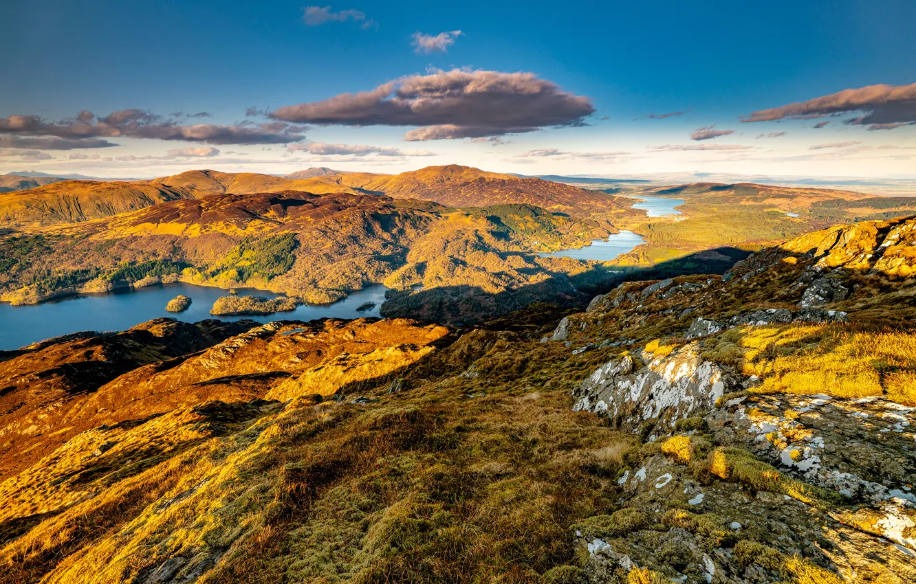 Photo wallpaper clouds, mountains, nature, lake, Scotland, trossachs