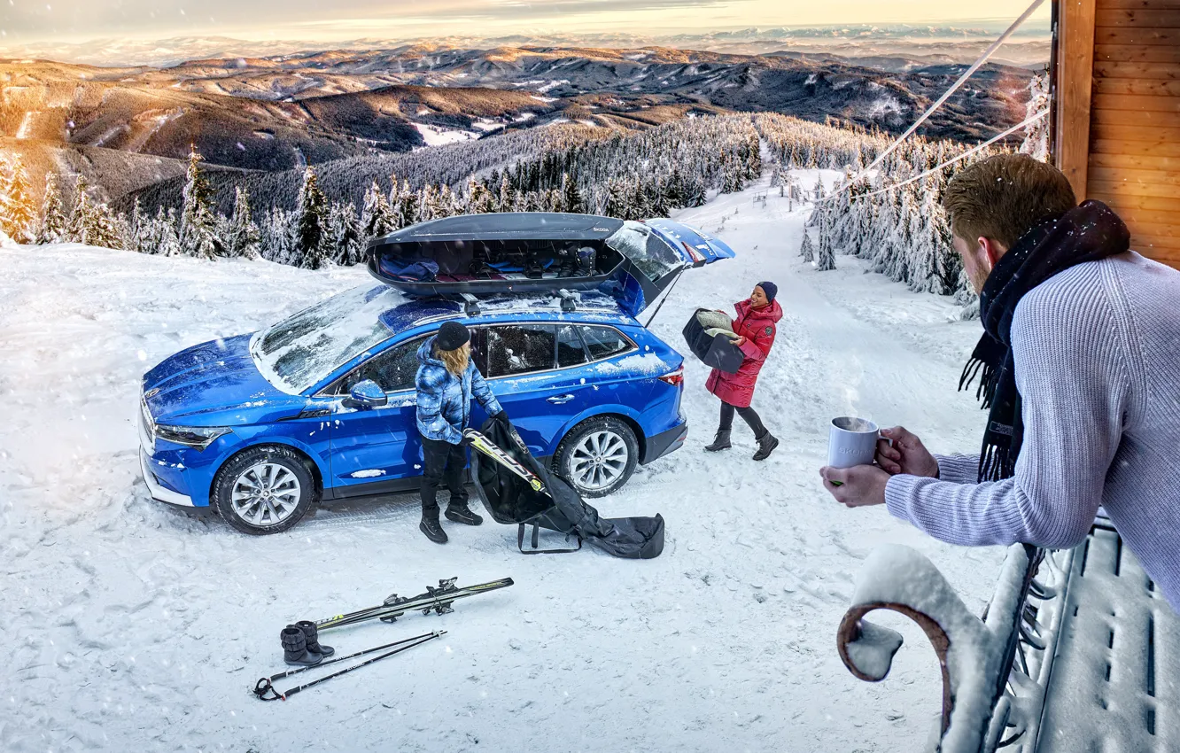 Photo wallpaper Winter, Mountains, Snow, People, SUV, SUV, Crossover, Skoda