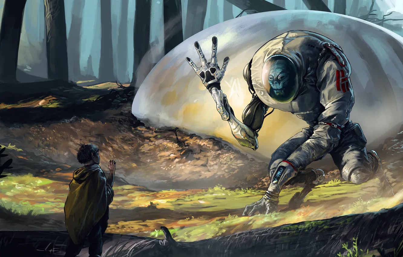 Photo wallpaper forest, people, alien, camera, The ARRIVAL