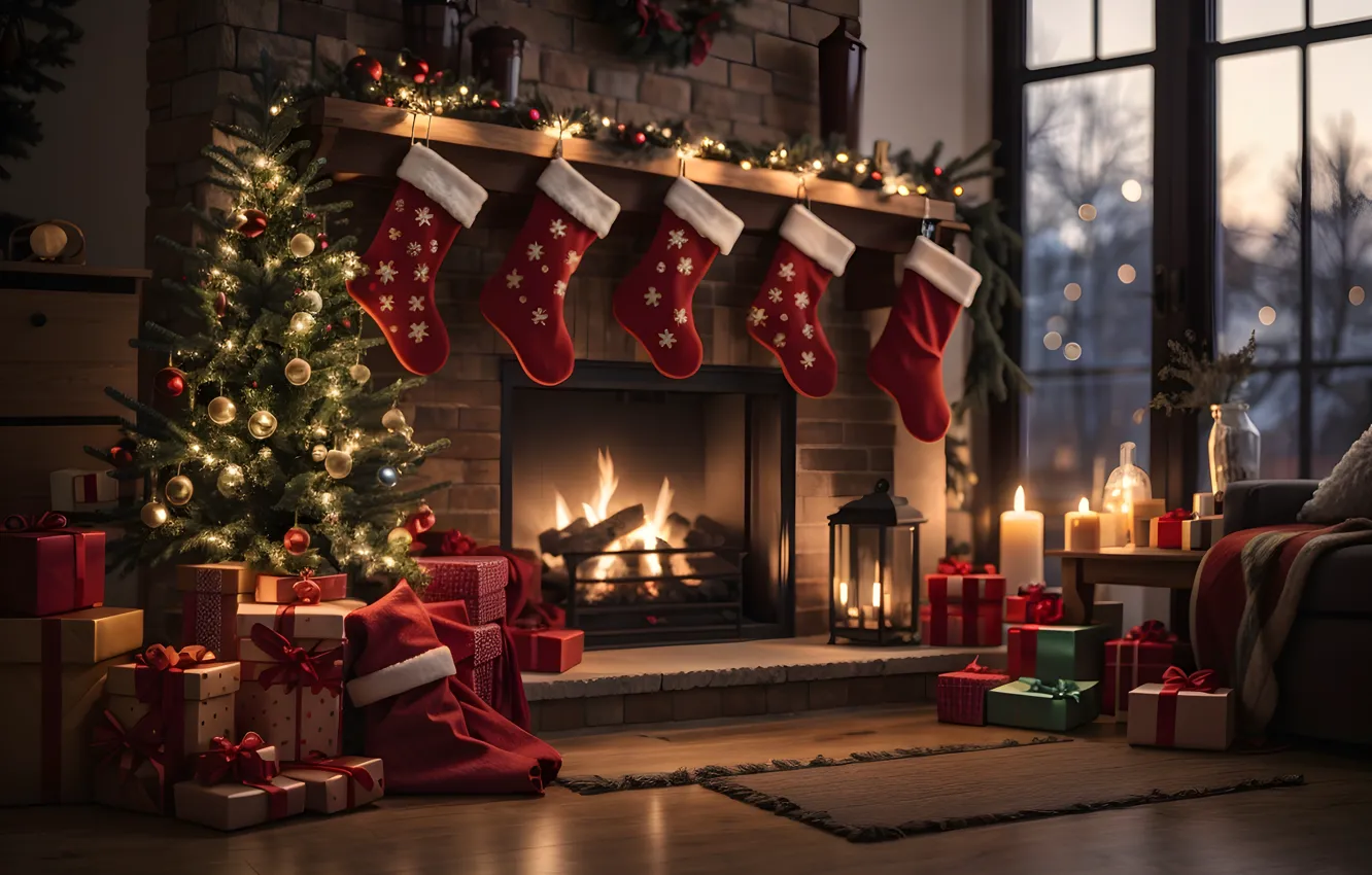 Photo wallpaper decoration, room, gift, balls, tree, new year, interior, Christmas