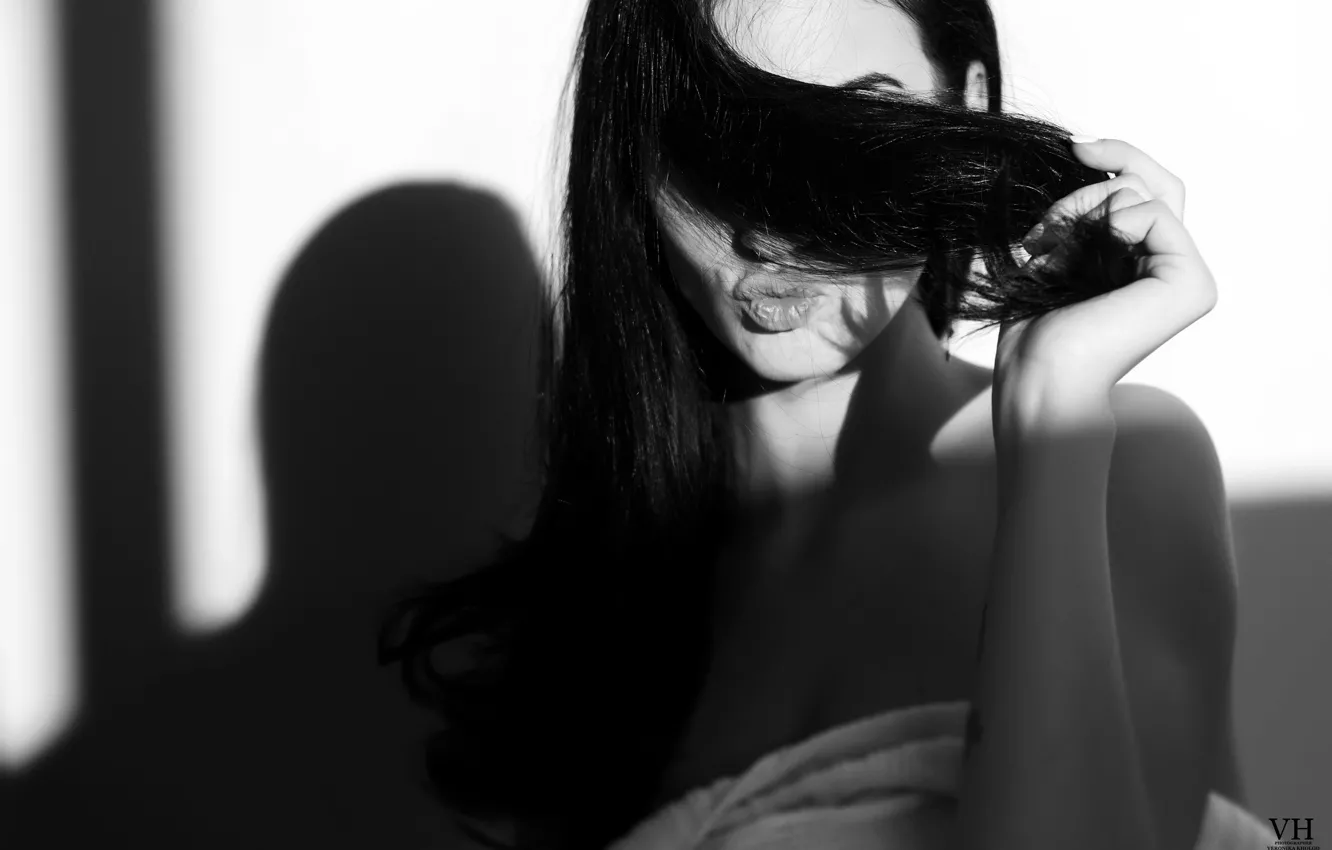 Photo wallpaper eyes, smile, model, black and white, bangs, Alla Berger