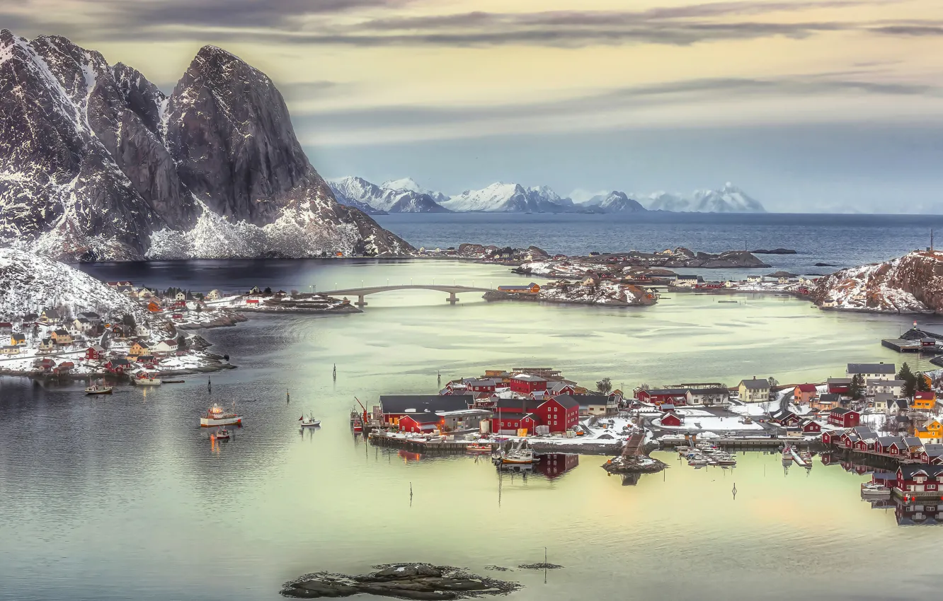 Photo wallpaper sea, snow, landscape, mountains, home, Norway, The Lofoten Islands, The Rhine