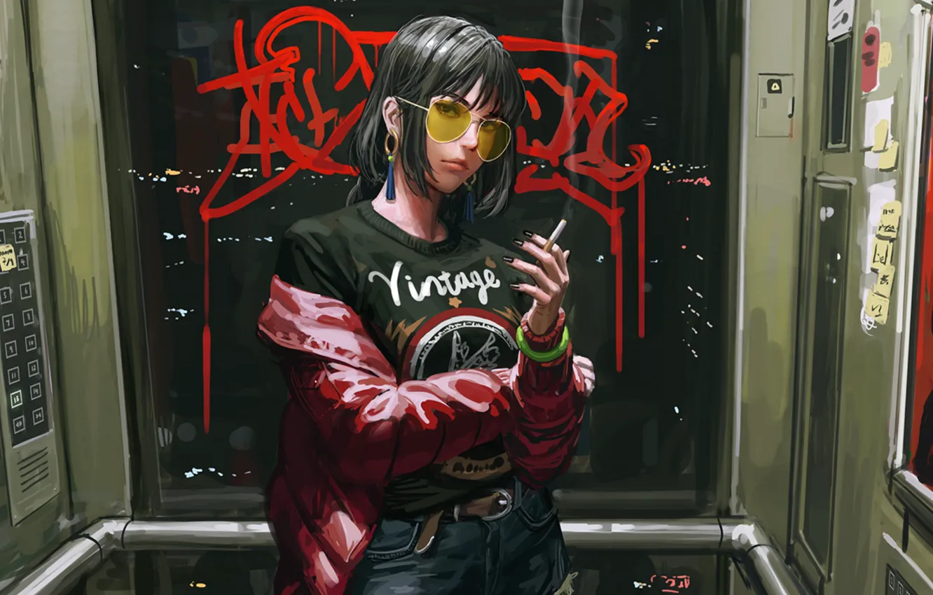 Photo wallpaper girl, anime, brunette, glasses, cigarette