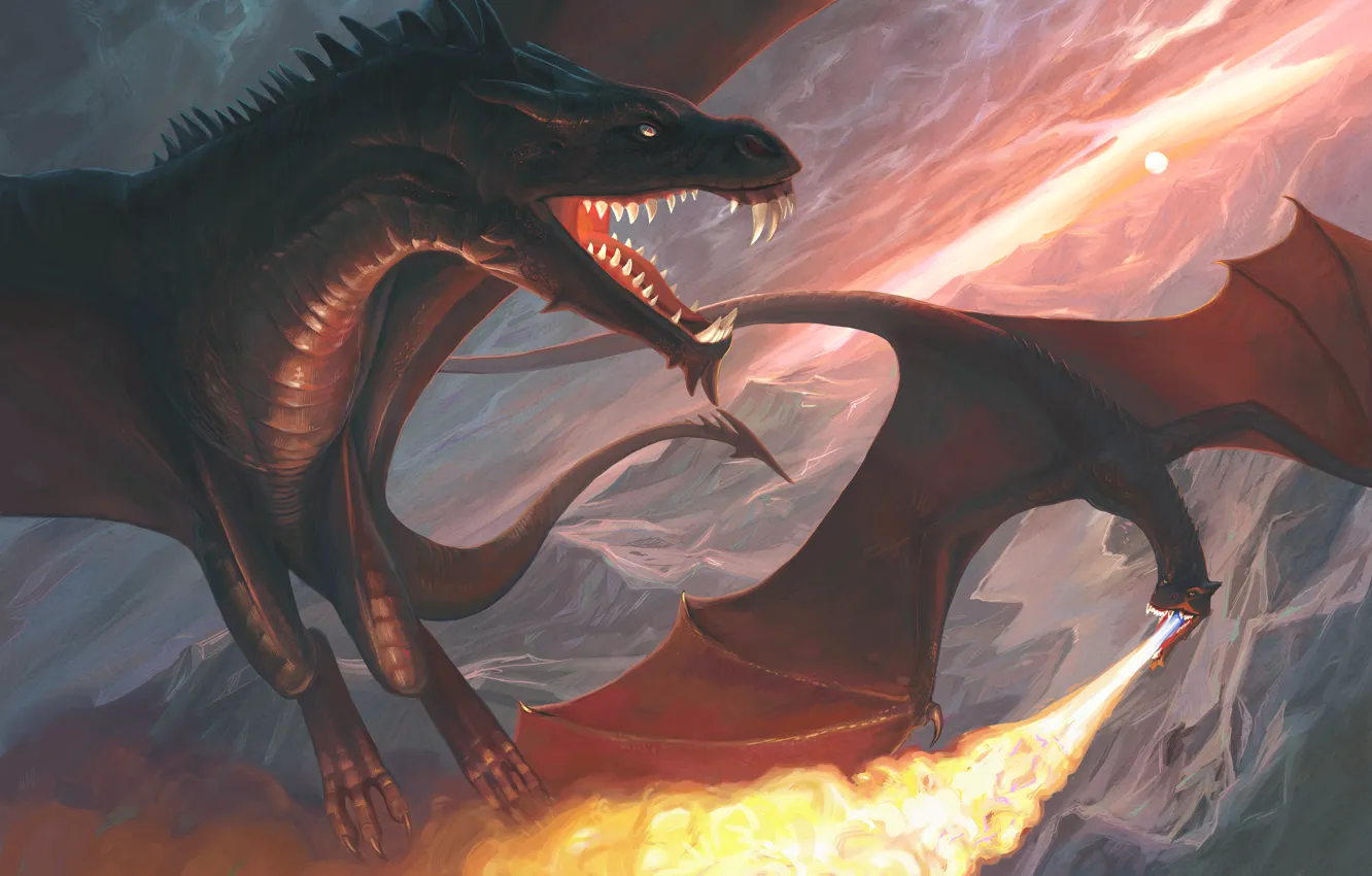 Photo wallpaper sunset, mountains, lights, dragon, monster, art, in the sky, Atenebris