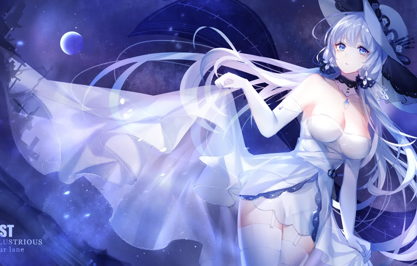 Photo wallpaper girl, night, the moon, dress, hat, Azur Lane