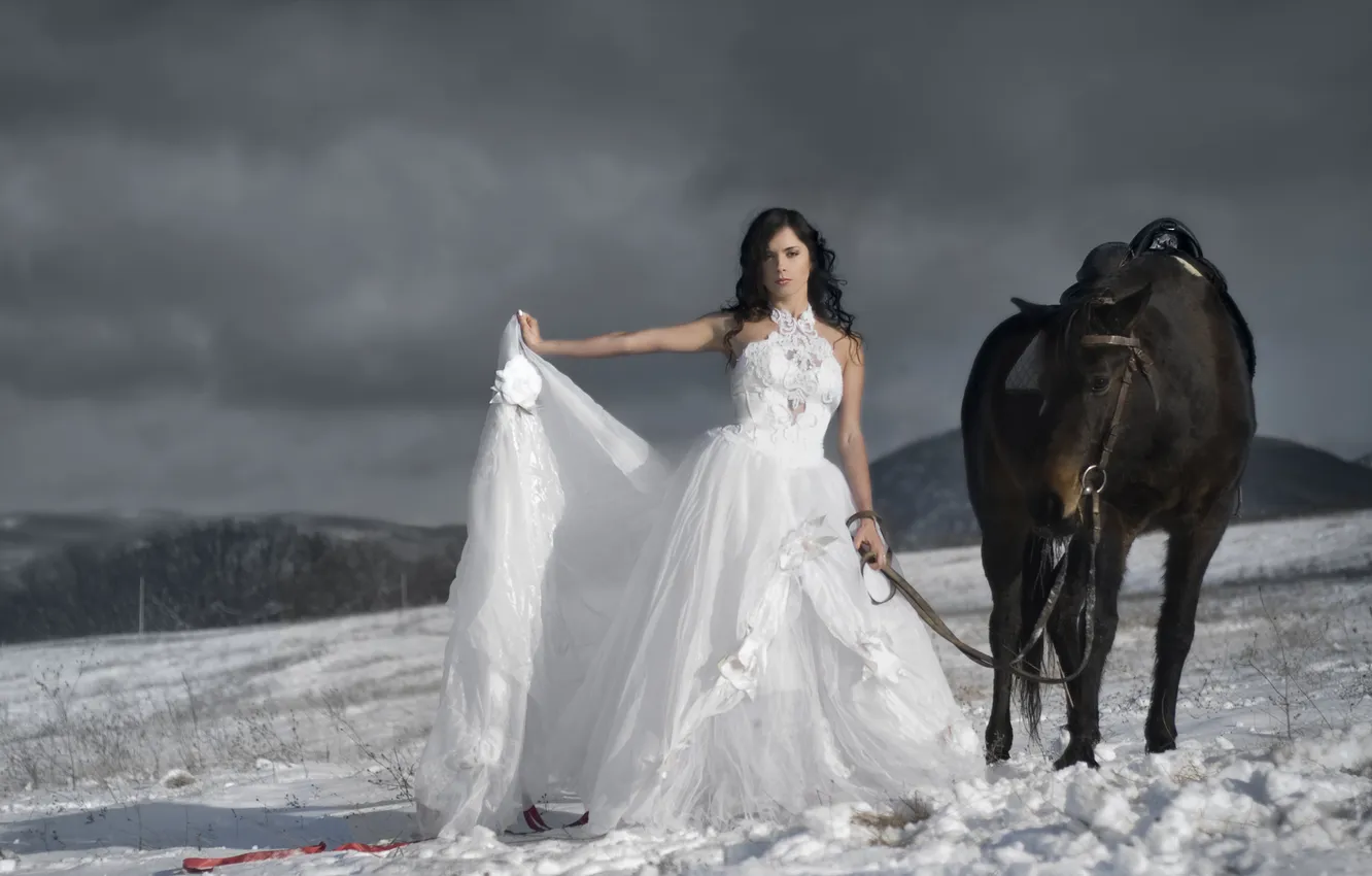 Photo wallpaper the sky, girl, snow, horse, dress, reasons