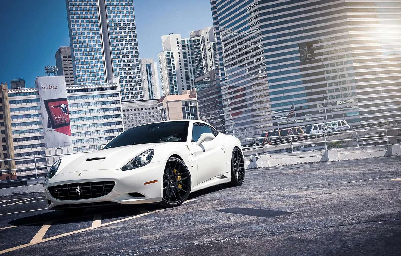 Photo wallpaper white, glare, building, window, CA, Parking, Ferrari, white