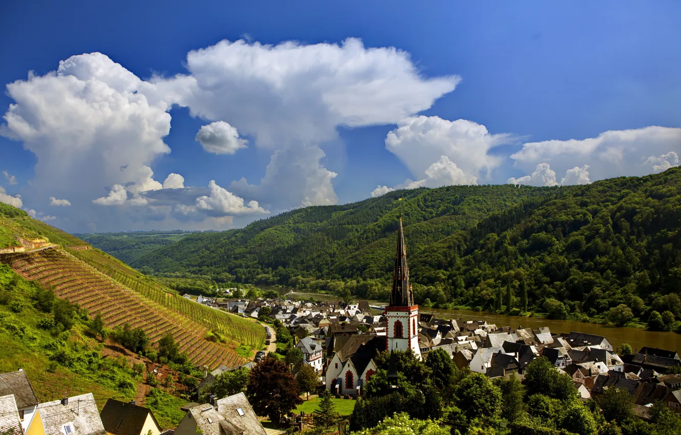 Photo wallpaper mountains, the city, river, photo, Germany, Ediger-Eller