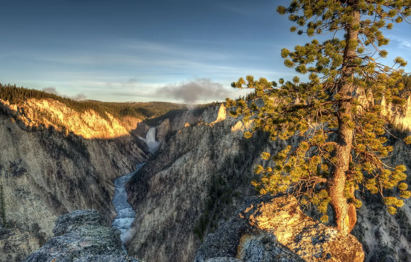 Photo wallpaper landscape, mountains, river, tree