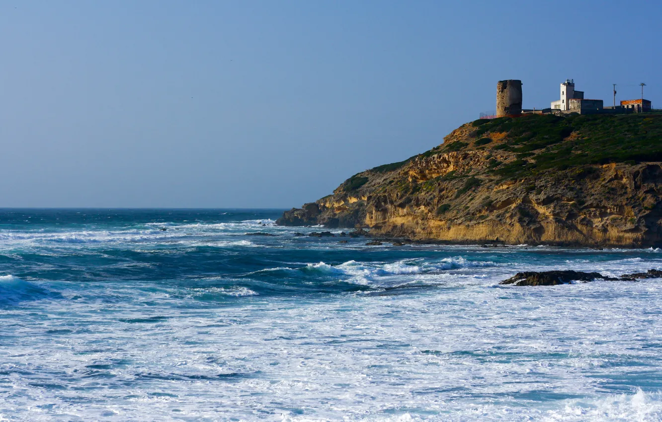 Photo wallpaper sea, wave, lighthouse, tower