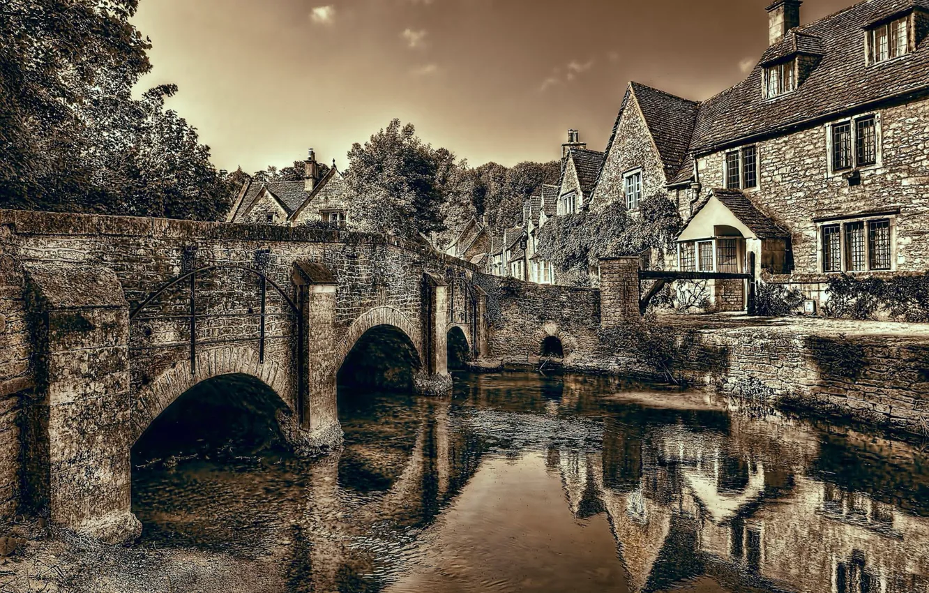 Photo wallpaper bridge, river, England, Wiltshire, Castle Combe