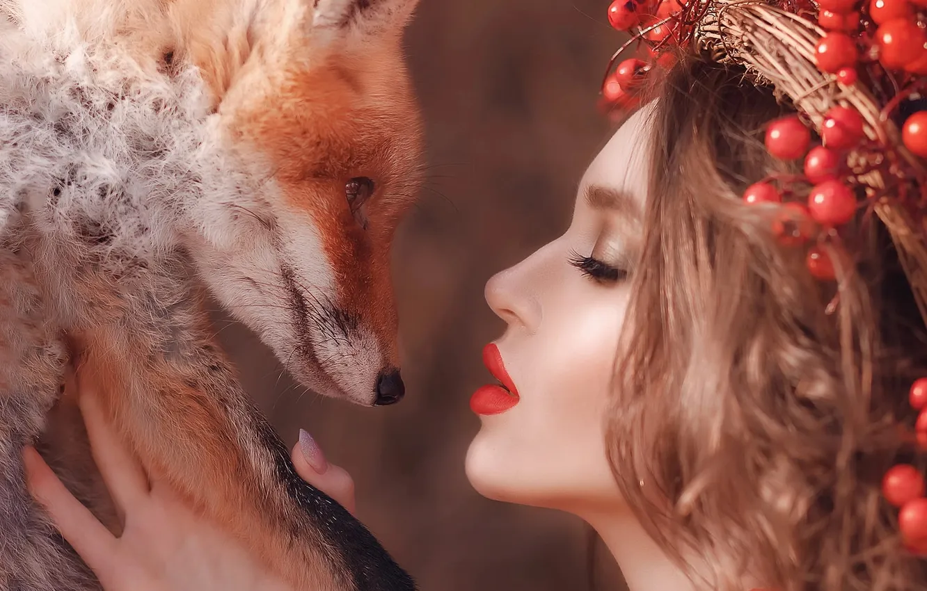 Photo wallpaper autumn, girl, pose, berries, portrait, makeup, fantasy, fruit