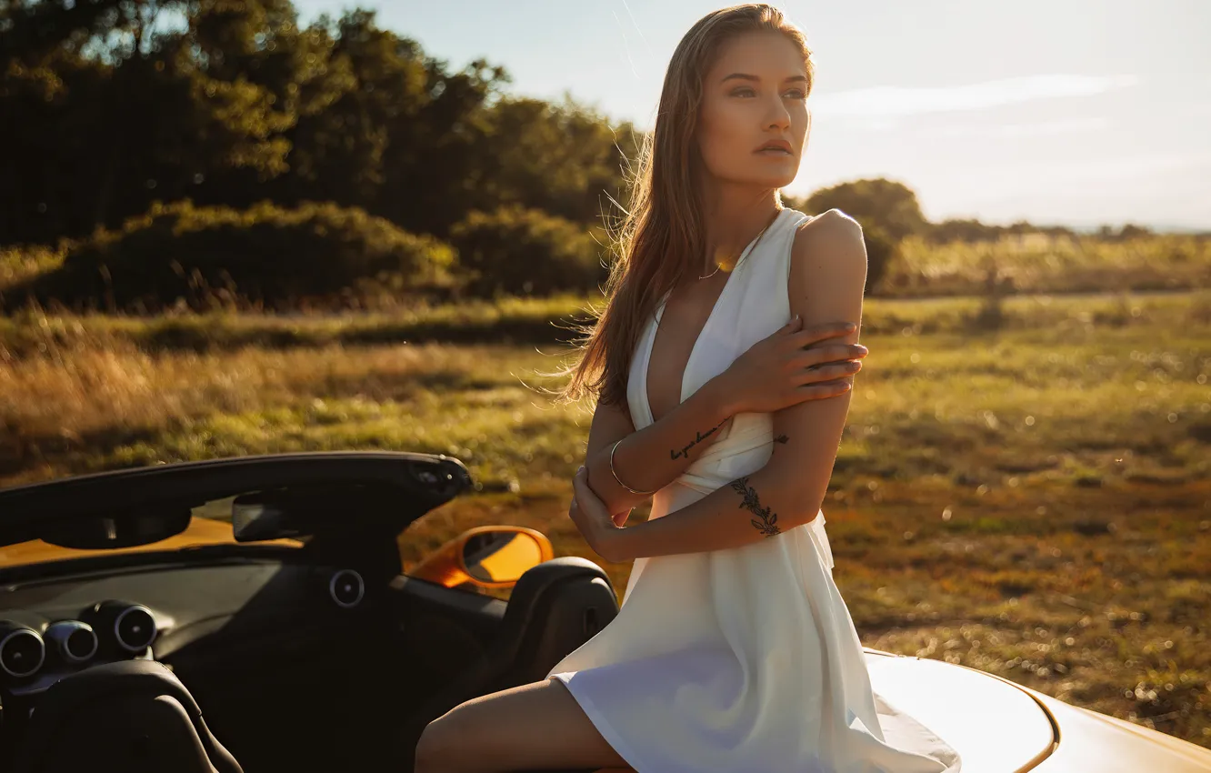 Photo wallpaper auto, look, girl, the sun, nature, figure, dress, tattoo