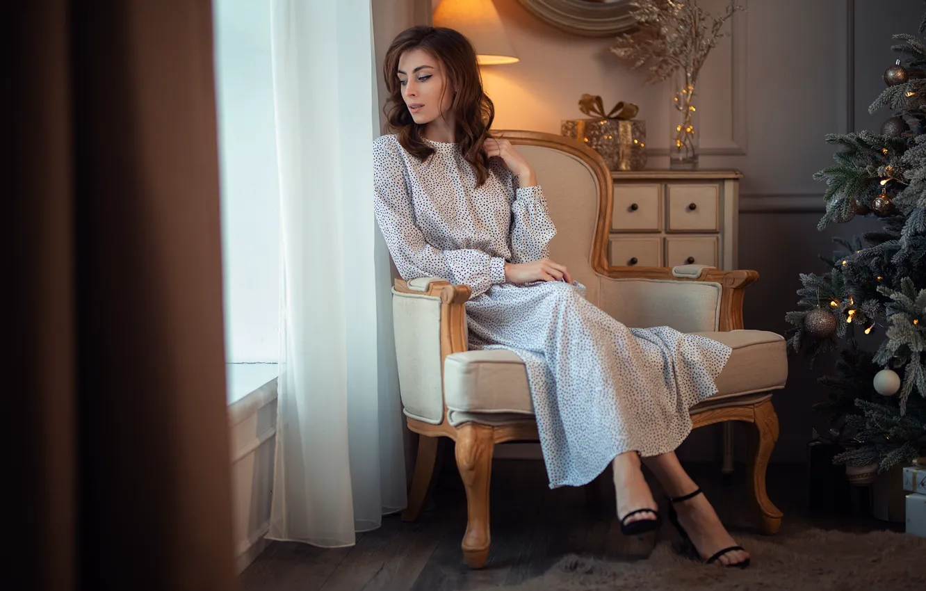 Photo wallpaper girl, pose, tree, new year, chair, dress, Dmitry Shulgin