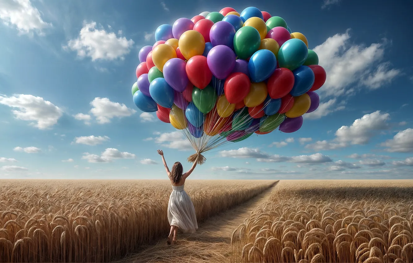 Photo wallpaper field, girl, balloons, AI art, neural network