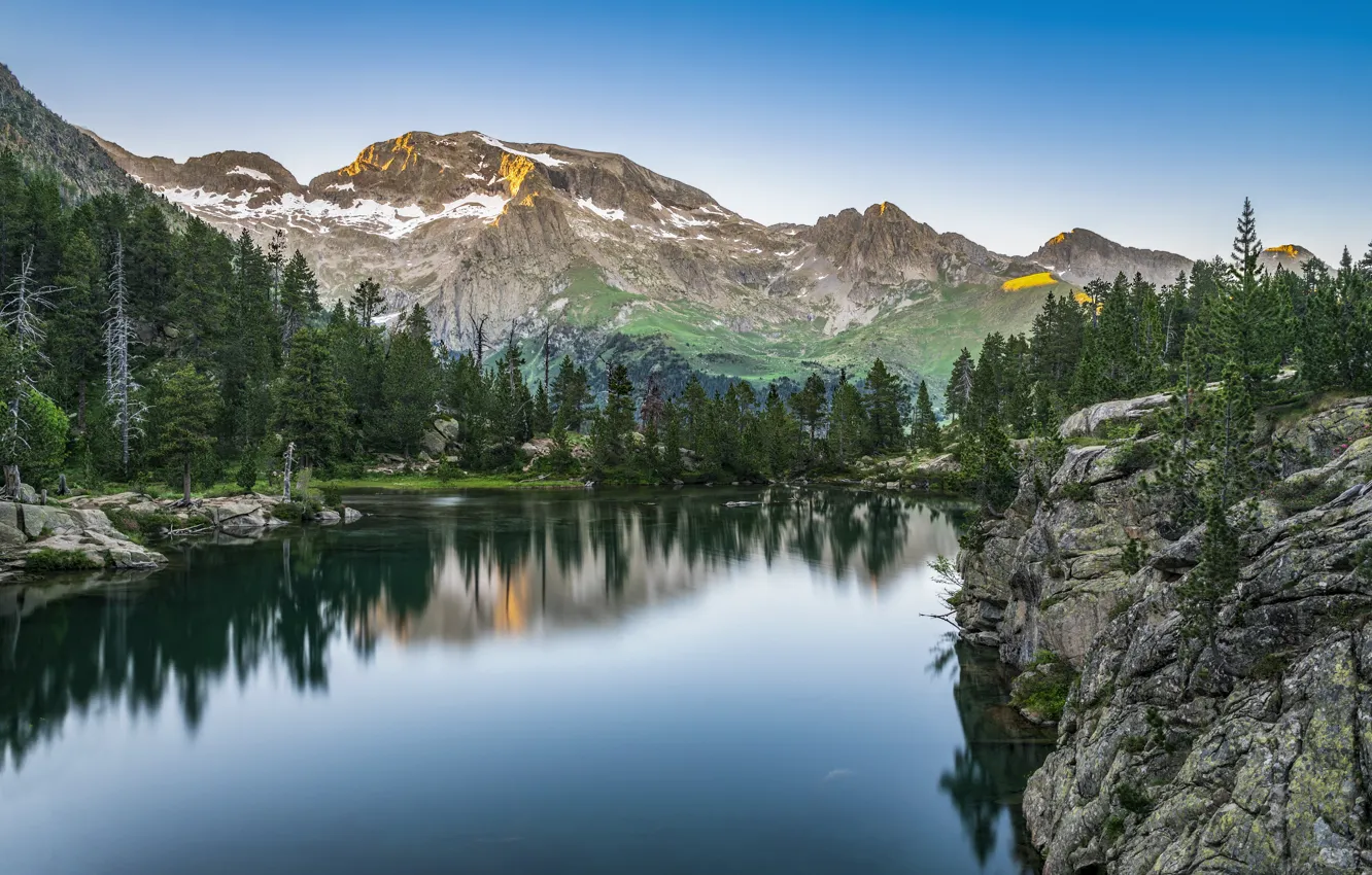 Photo wallpaper landscape, mountains, nature, lake, Spain, forest, Bank, The Pyrenees