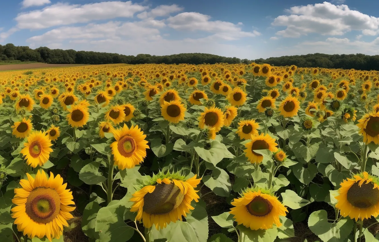 Photo wallpaper field, forest, summer, the sky, clouds, sunflowers, flowers, yellow