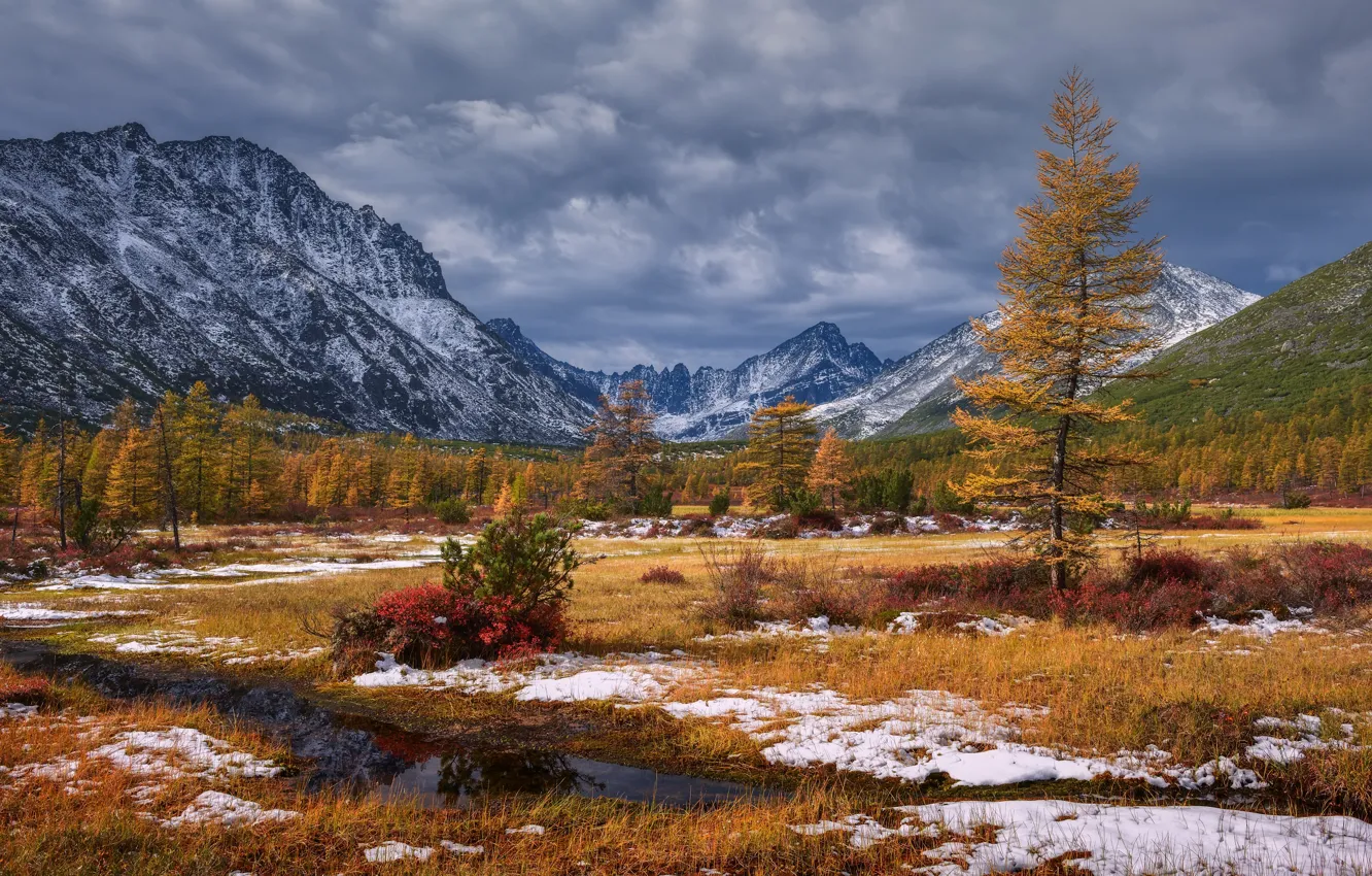 Photo wallpaper autumn, snow, landscape, mountains, clouds, nature, vegetation, Kolyma
