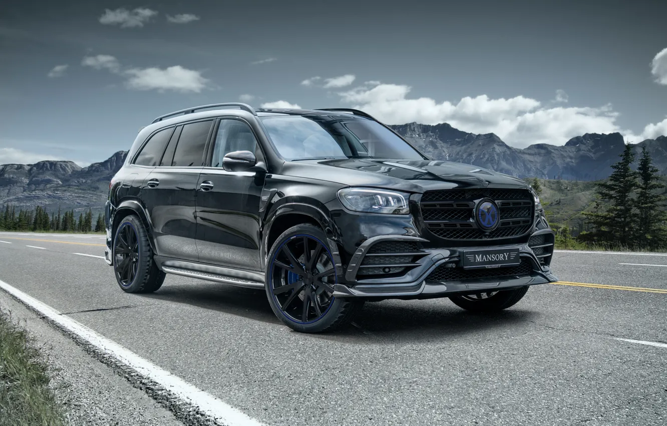 Photo wallpaper Mercedes, black, road, Front, mountain, Mansory, GLS-Class, 2021
