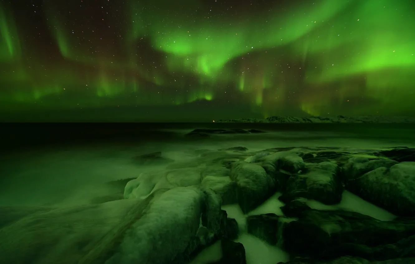 Photo wallpaper cold, winter, sea, the sky, stars, mountains, night, green