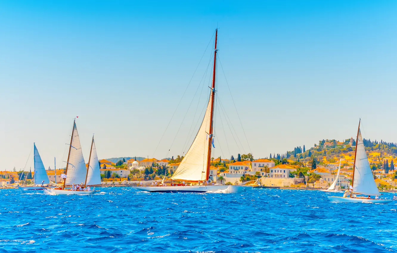Photo wallpaper sea, the city, coast, yachts, Greece, sails, Greece, Lefkas