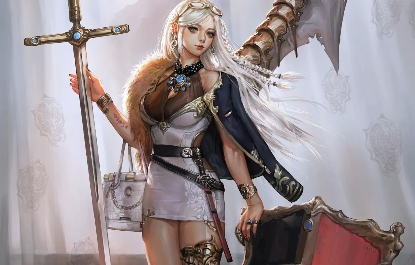 Photo wallpaper girl, sword, fantasy, dress, weapon, blue eyes, blonde, digital art