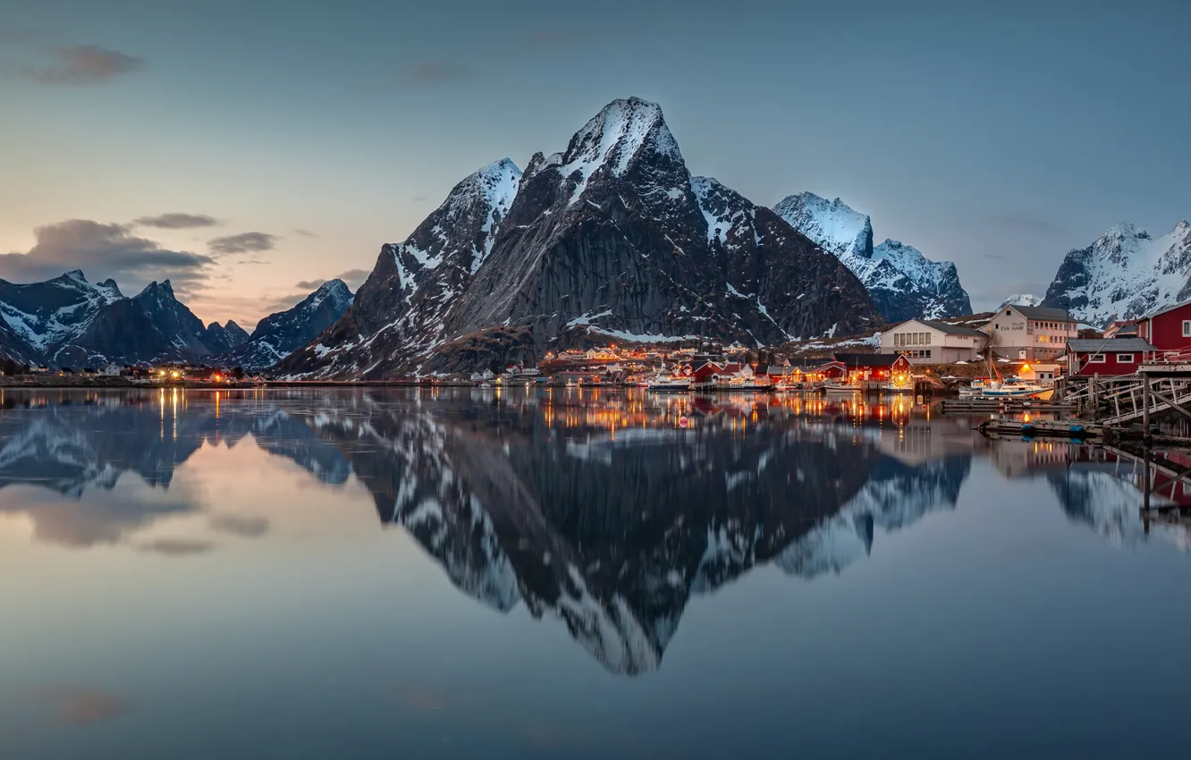 Photo wallpaper mountains, reflection, village, Norway, houses, Norway, the fjord, The Lofoten Islands
