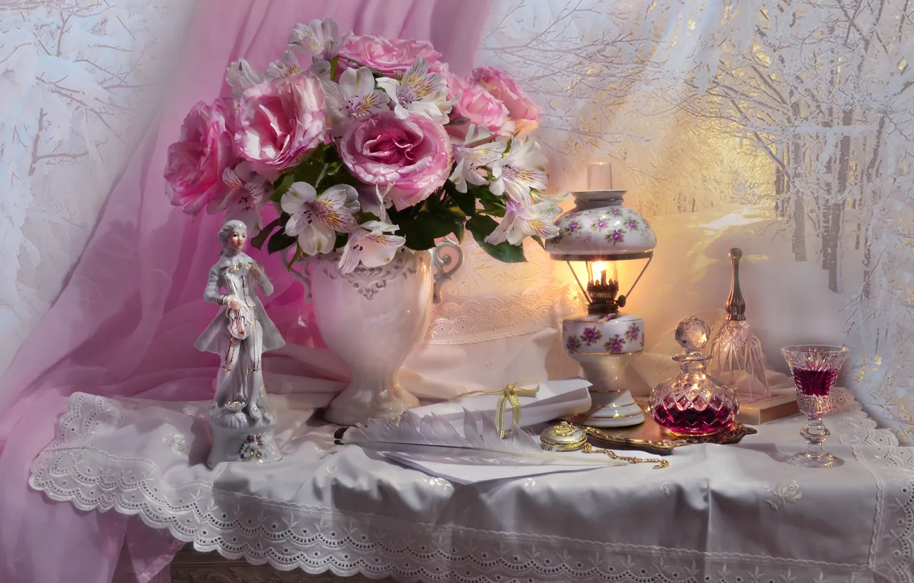 Photo wallpaper flowers, pen, glass, lamp, roses, fabric, vase, figurine