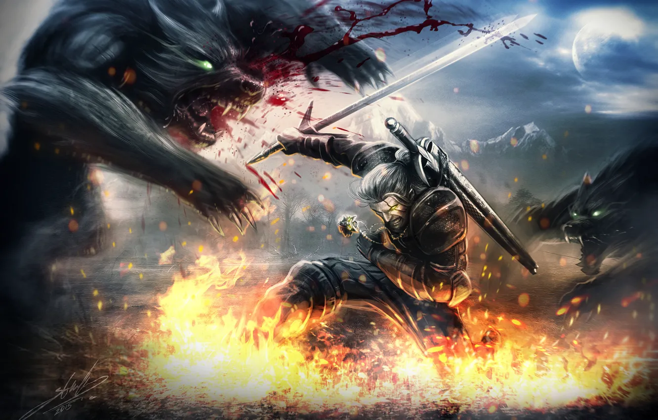 Photo wallpaper attack, wolves, the Witcher, Herald, Witcher 3: Wild Hunt