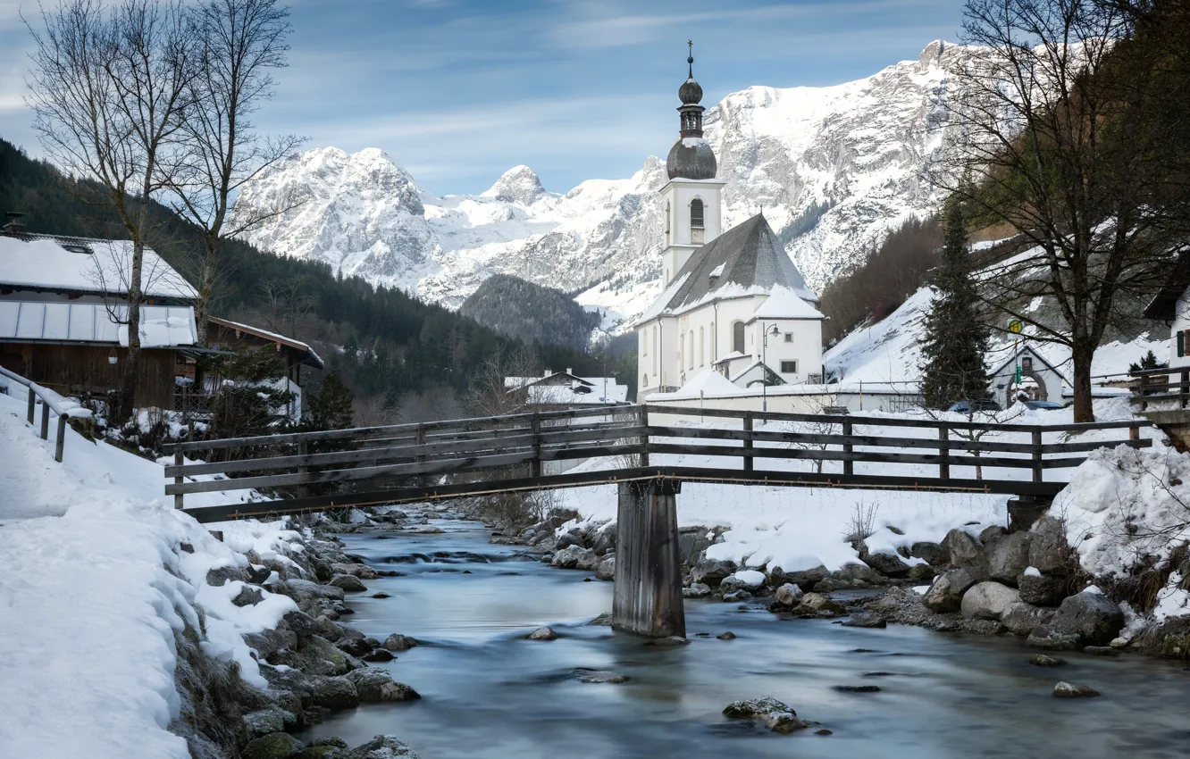 Photo wallpaper winter, the sky, snow, trees, mountains, bridge, river, stones