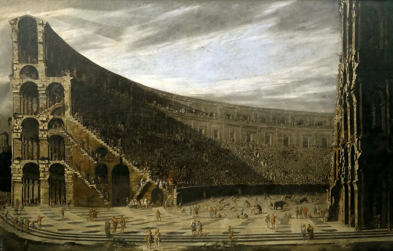 Photo wallpaper people, picture, Colosseum, architecture, The Prospect Of A Roman Amphitheatre, Viviano Codazzi