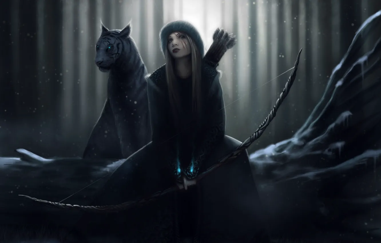 Photo wallpaper cat, girl, light, snow, trees, blood, bow, art