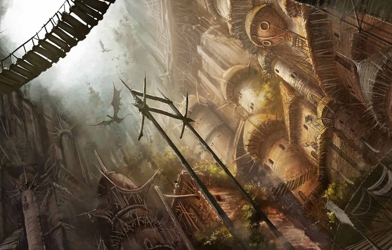 Photo wallpaper the city, dragon, art, buildings