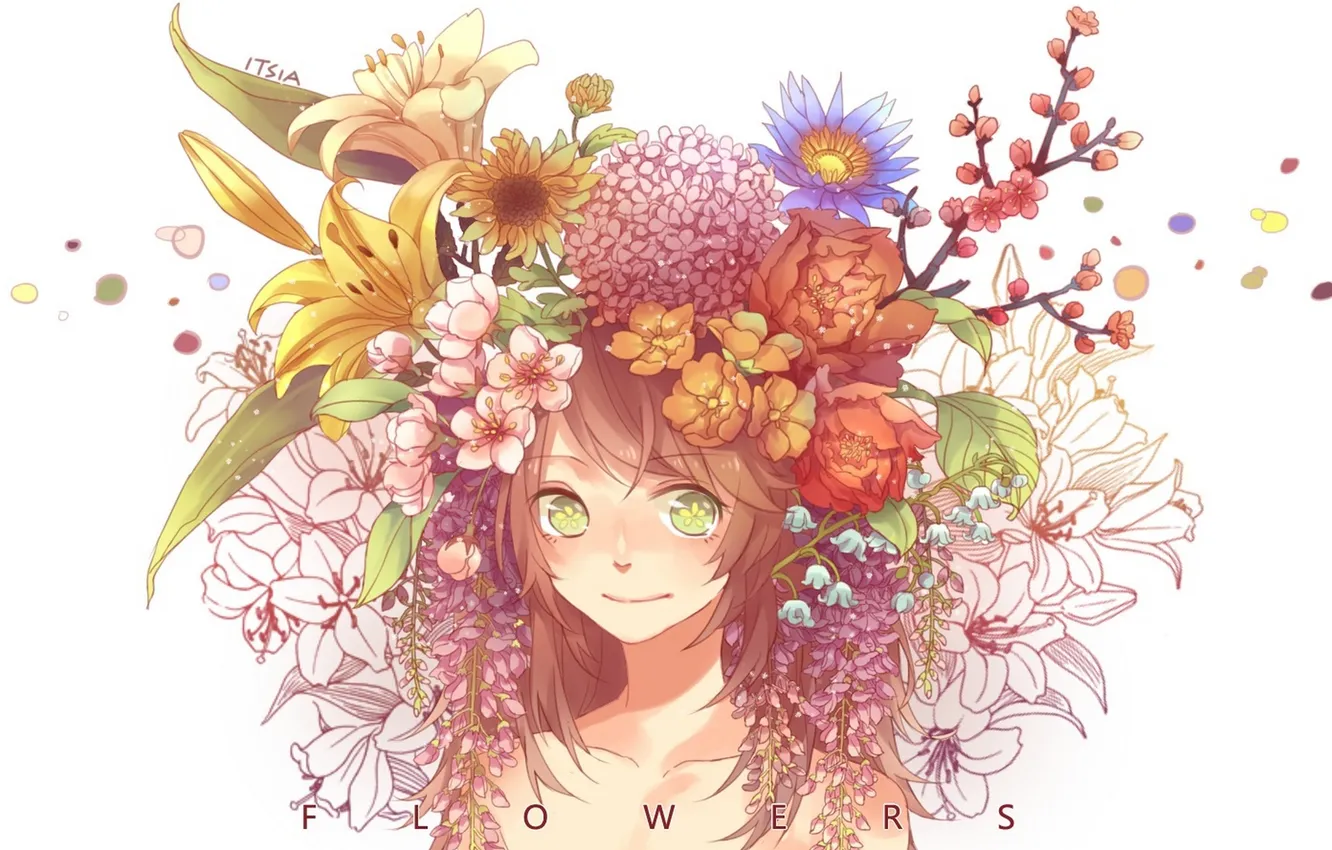 Photo wallpaper girl, flowers, smile, branch, anime, petals, Sakura, art